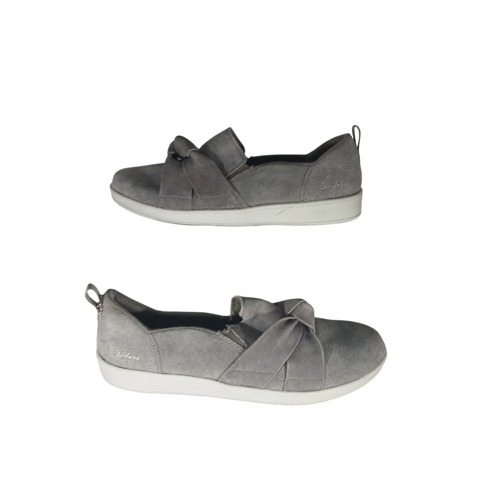 Skechers‎ Slip On Sneakers 8.5 Taupe Suede Bow 100404 Memory Foam Casual Comfort